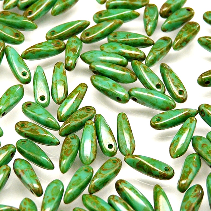 50ks České skleněné mačkané korálky jazýčky 3x11mm zelený tyrkys/ travertin