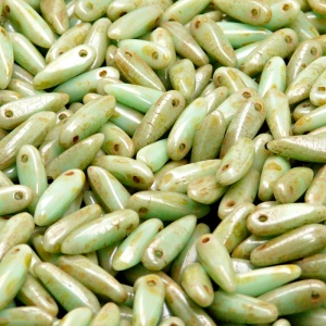 50ks České skleněné mačkané korálky jazýčky 3x11mm světle zelený tyrkys/ travertin