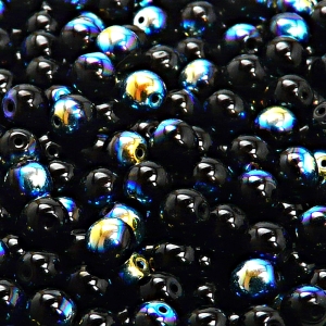 50ks České skleněné mačkané korálky kulička 6mm černá/ AB polopokov