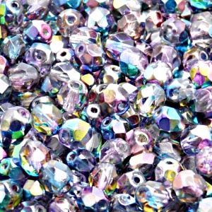 50ks České skleněné broušené ohňovky kulička 6mm čirá/ modro růžový magic