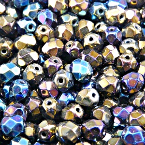 50ks České skleněné broušené ohňovky kulička 6mm černá/ rainbow iris