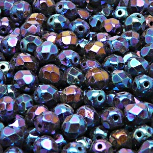 50ks České skleněné broušené ohňovky kulička 6mm černá/ modrý iris