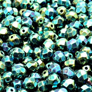 50ks České skleněné broušené ohňovky kulička 6mm černá/ zelený iris