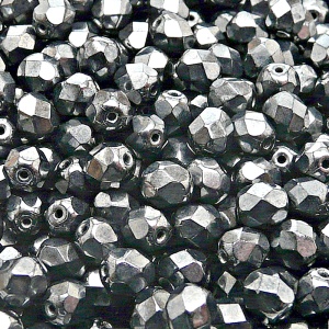 50ks České skleněné broušené ohňovky kulička 6mm černá/ hematit (bílý listr)