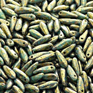 50ks České skleněné mačkané korálky jazýčky 3x11mm zelený tyrkys/ fialovo zlatý picasso listr