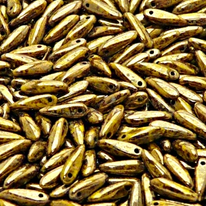 50ks České skleněné mačkané korálky jazýčky 3x11mm sytá žlutá/ fialovo zlatý picasso listr