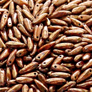 50ks České skleněné mačkané korálky jazýčky 3x11mm sytá oranžová/ fialovo zlatý picasso listr