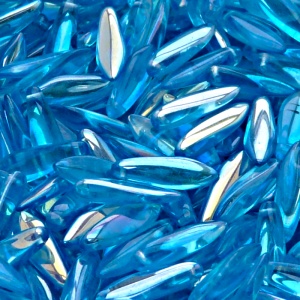 30ks České skleněné mačkané korálky jazýčky 5x16mm akva/ AB polopokov