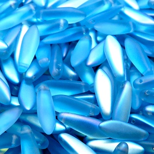 30ks České skleněné mačkané korálky jazýčky 5x16mm akva/ AB polopokov mat