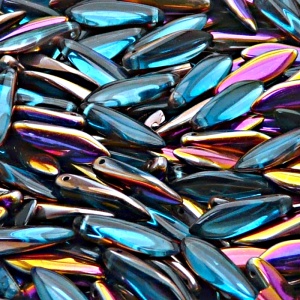 30ks České skleněné mačkané korálky jazýčky 5x16mm akva/ sliperit polopokov