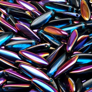 30ks České skleněné mačkané korálky jazýčky 5x16mm tmavá akva/ sliperit polopokov