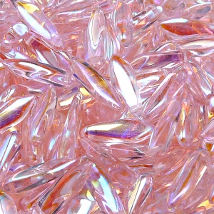 30ks České skleněné mačkané korálky jazýčky 5x16mm rozalín/ AB polopokov