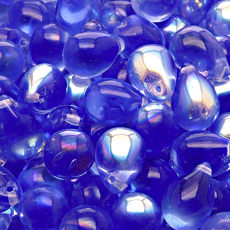 10ks České skleněné mačkané korálky kapky 10x14mm safír/ AB polopokov