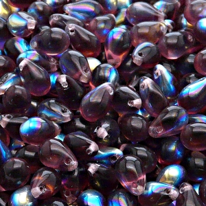 30ks České skleněné mačkané korálky kapky 6x9mm ametyst/ AB polopokov