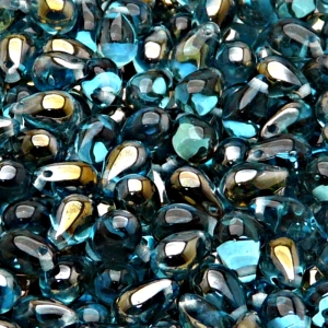 30ks České skleněné mačkané korálky kapky 6x9mm světlá akva/ valentinit polopokov