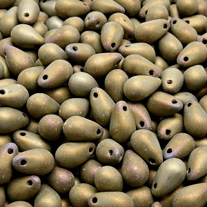 30ks České skleněné mačkané korálky kapky 6x9mm černá/ hnědý iris mat