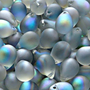 10ks České skleněné mačkané korálky kapky 10x14mm čirá/ modrá duha mat