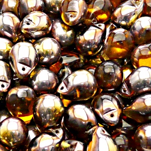 10ks České skleněné mačkané korálky kapky 10x14mm topas/ gold capri polopokov