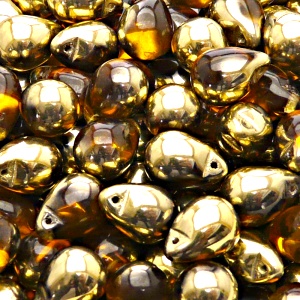 10ks České skleněné mačkané korálky kapky 10x14mm topas/ zlato polopokov