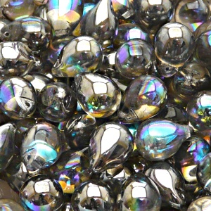 10ks České skleněné mačkané korálky kapky 10x14mm čirá/ grafitová duha