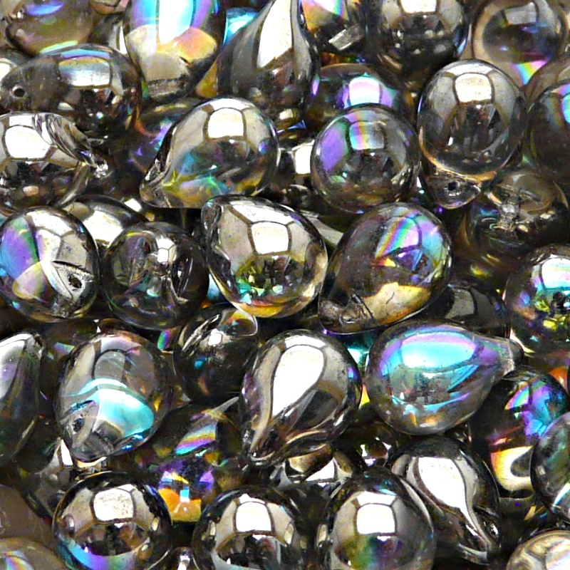 10ks České skleněné mačkané korálky kapky 10x14mm čirá/ grafitová duha