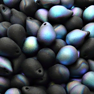 10ks České skleněné mačkané korálky kapky 10x14mm černá/ AB polopokov mat