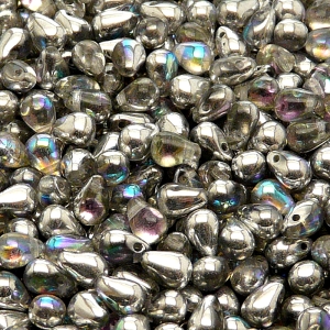 50ks České skleněné mačkané korálky kapky 4x6mm čirá/ stříbrná duha