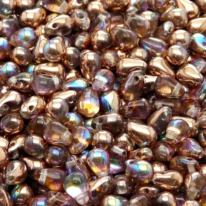 50ks České skleněné mačkané korálky kapky 4x6mm čirá/ měděná duha