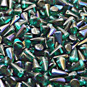 50ks České skleněné mačkané korálky trny 5x8mm emerald/ azuro polopokov