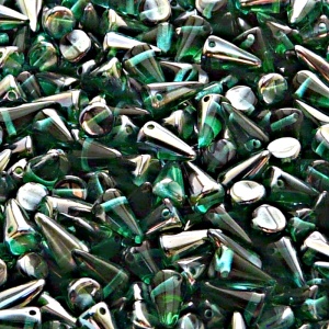 50ks České skleněné mačkané korálky trny 5x8mm emerald/ celsian polopokov