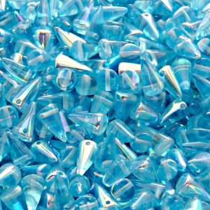 50ks České skleněné mačkané korálky trny 5x8mm světlá akva/ AB polopokov