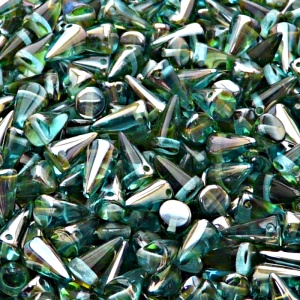 50ks České skleněné mačkané korálky trny 5x8mm světlá akva/ celsian polopokov