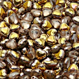 50ks České skleněné mačkané korálky srdíčko 6mm čirá/ gold capri polopokov