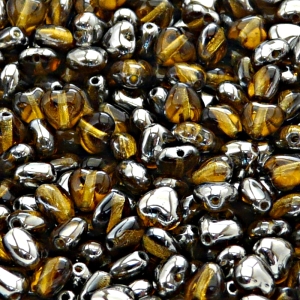 50ks České skleněné mačkané korálky srdíčko 6mm topas/ chrom polopokov