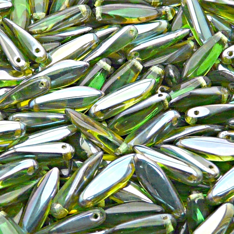 30ks České skleněné mačkané korálky jazýčky 5x16mm světlý chrysolit/ celsian polopokov