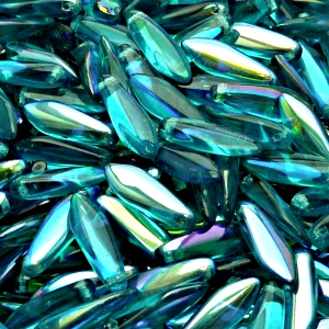 30ks České skleněné mačkané korálky jazýčky 5x16mm zelená akva/ AB polopokov