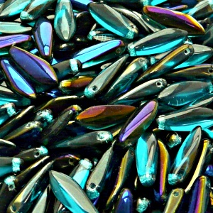 30ks České skleněné mačkané korálky jazýčky 5x16mm zelená akva/ azuro polopokov