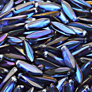 30ks České skleněné mačkané korálky jazýčky 5x16mm safír/ azuro polopokov