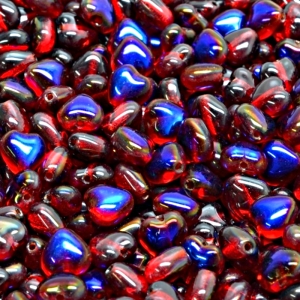 50ks České skleněné mačkané korálky srdíčko 6mm rubín/ azuro polopokov