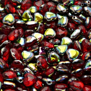 50ks České skleněné mačkané korálky srdíčko 6mm rubín/ vitrail polopokov