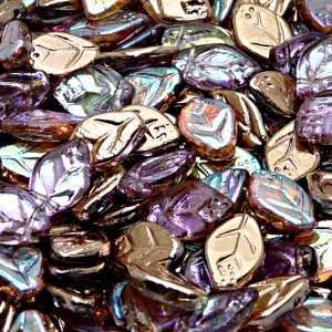 25ks České skleněné mačkané korálky lístečky 7x12mm čirá/ měděná duha