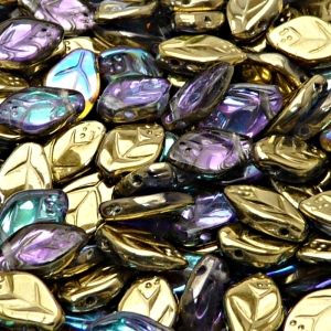 25ks České skleněné mačkané korálky lístečky 7x12mm čirá/ zlatá duha duha