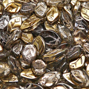 25ks České skleněné mačkané korálky lístečky 7x12mm čirá/ valentinit polopokov