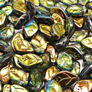 25ks České skleněné mačkané korálky lístečky 7x12mm čirá/ vitrail polopokov