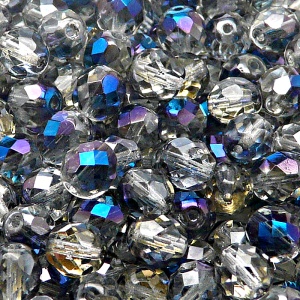 25ks České skleněné broušené ohňovky kulička 8mm čirá/ blue flare polopokov