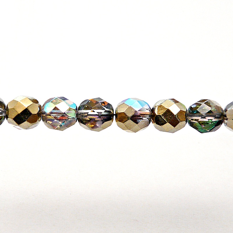 25ks České skleněné broušené ohňovky kulička 8mm čirá/ zlatá duha