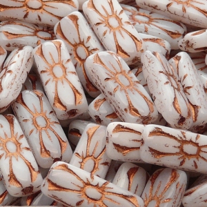 8ks České skleněné mačkané korálky obdelník 20x8mm bílý alabastr/ bronzový zátěr