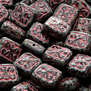 8ks České skleněné mačkané korálky obdelník s ornamentem 11x12mm černá/ travertin s růžovým zátěrem