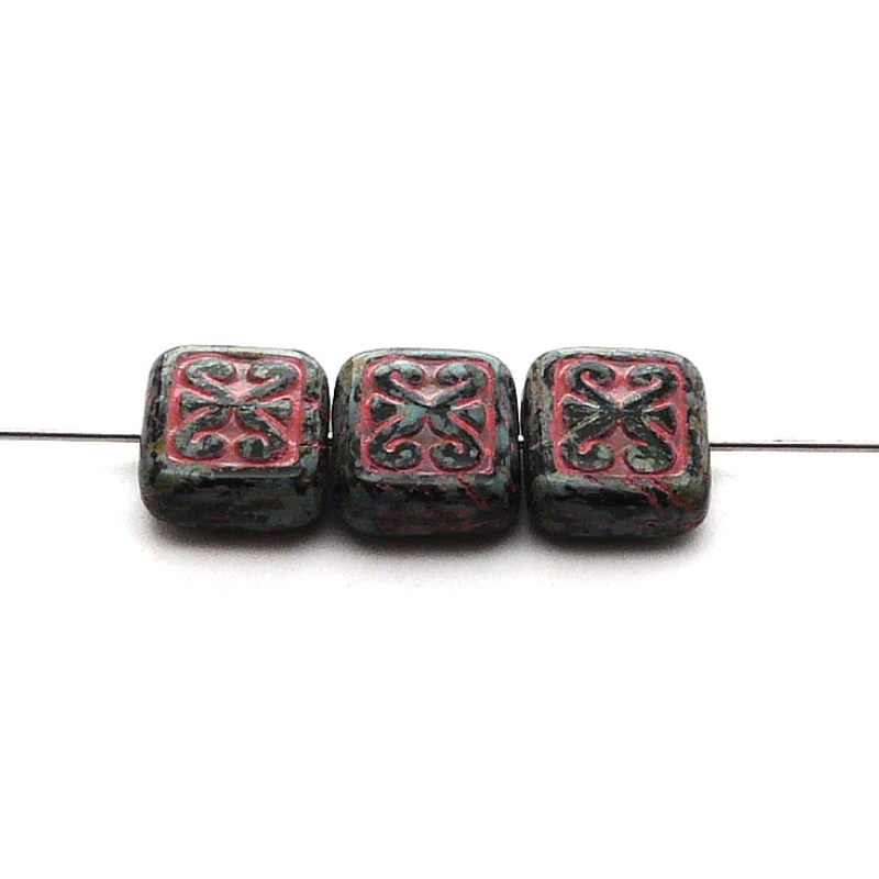 8ks České skleněné mačkané korálky obdelník s ornamentem 11x12mm černá/ travertin s růžovým zátěrem
