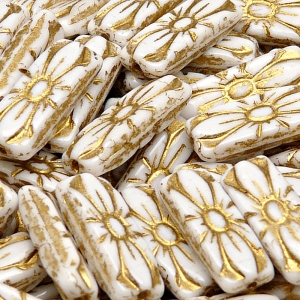 8ks České skleněné mačkané korálky obdelník 20x8mm bílá/ zlatý zátěr